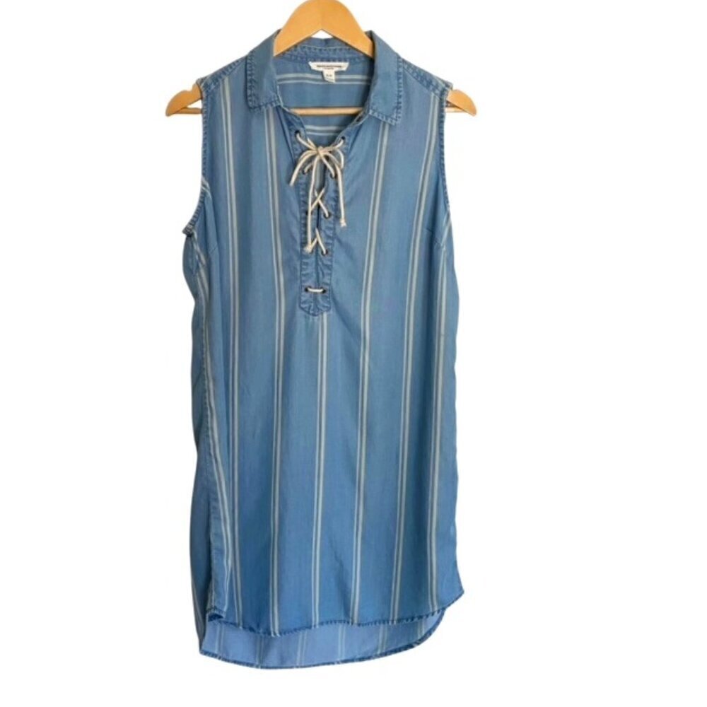 BeachLunchLounge Blue Striped Lace Up Front Dress Small